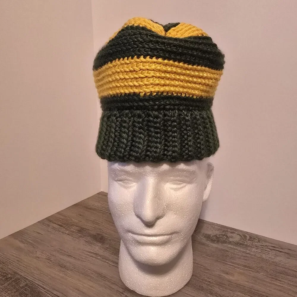 Crochet Beanie, One Size, Green/yellow, Double Crochet.